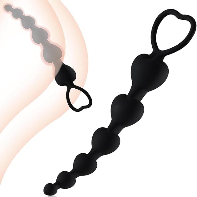 Anal Beads Butt Plug Silicone Sex Toys Flexible Anal Chain Link with 6 Heart Balls Prostate Massage Anal Trainer Anus Dilator Anal Plug Anal Dildo Adult Toy for Women and Men Beginner(Black)