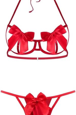 Women Cute Bowknot Bra and Panties Set Halter Neck Sexy Babydoll Lingerie Set Self Tie Straps Teddy Underwear Sleepwear Gift