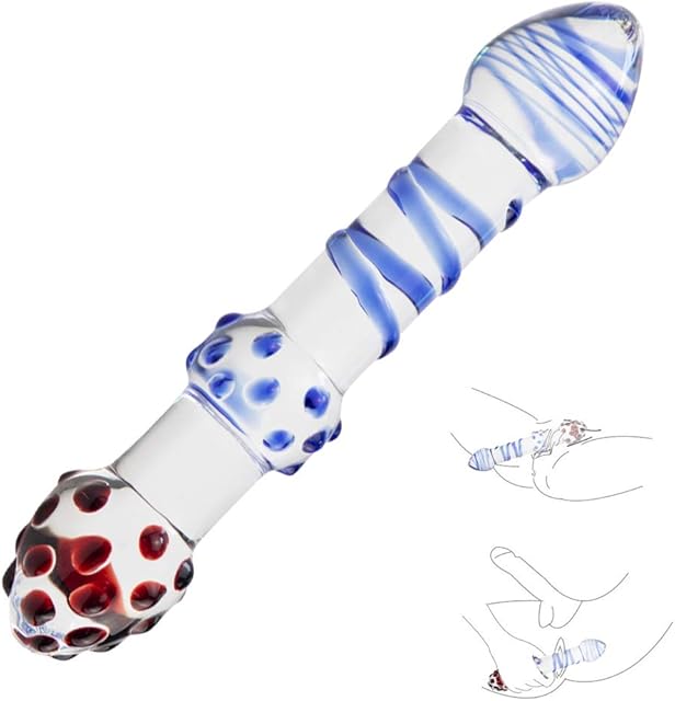 Double-Ended Dildo Glass Anal Dildo G-spot Prostate Massage Butt Plug Masturbation Sex Toys Crystal Pleasure Wand 3D Swirl Texture Mushroom Tip Particles Penis Dong for Men Women and Couples