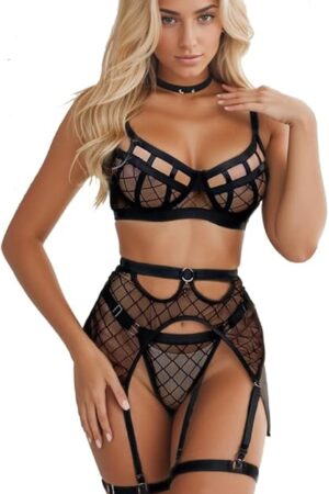 Women Garter Lingerie Set 4 Piece,Lace Bra and Panty Set with Garter Blet,Strappy Sexy High Waisted Bralette Set