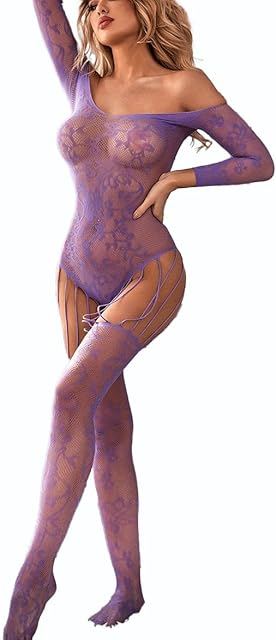 Womens 1 Piece Sexy Floral Off Shoulder Mesh 3/4 Sleeve BodyStocking Bodysuit 1PC See Through Exotic Playsuit