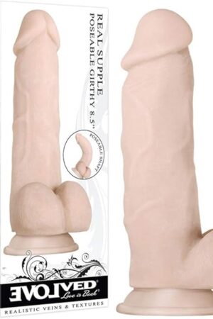Evolved Love Is Back - Real Supple - Life-Like Feel - Poseable Girthy 8.5 Inch Realistic Veins and Textures - Bendable Shaft with Suction-Cup Dildo - Light/Beige