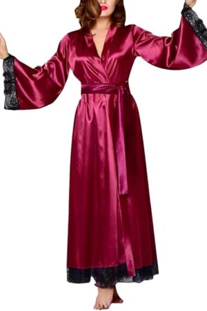 Women Sexy Long Silk Dressing Bath Robe Lace Lingerie Wine Red Nightdress Plus Size Lingerie for Sex (Wine, XXXL)