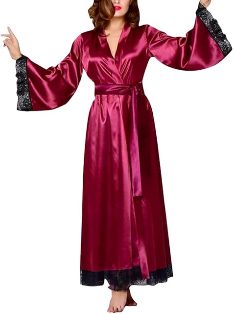 Women Sexy Long Silk Dressing Bath Robe Lace Lingerie Wine Red Nightdress Plus Size Lingerie for Sex (Wine, XXXL)