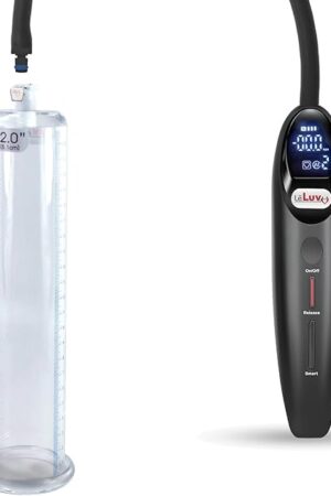 LeLuv Magna Black Electric Penis Pump - 9" x 200" Diameter - LCD Smart Handheld USB Rechargeable Untapered Acrylic Round Flange Quick-Disconnect Cylinder