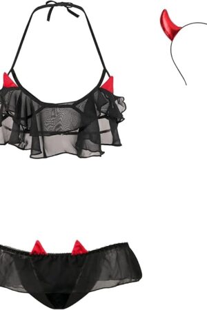 Women Sexy Devil Costume Halloween Anime Cosplay Outfits Mesh Ruffle Bra and Panty Set with Red Devil Horns Headband