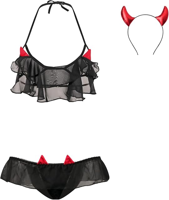 Women Sexy Devil Costume Halloween Anime Cosplay Outfits Mesh Ruffle Bra and Panty Set with Red Devil Horns Headband