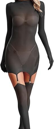 Women See Through Lingrie Bodystocking Long Sleeve Suspender Ultra Shimmery Stretch Stockings
