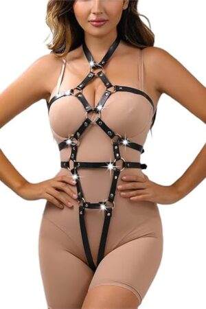 Womens Body Harness Belt set Leather Caged bodysuit Harness Lingerie Sexy Gothic Punk Adjustable Chest Leg Garter Body Bondage Strap BDSM SM Cosplay Costume Clubwear Masquerade Party Accessories