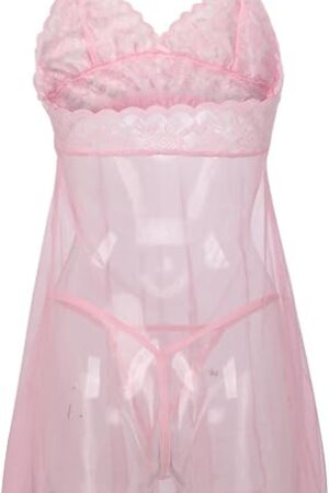 Womens Underwear 2 Piece Lingerie Sexy Lace Bodysuit Hanging Neck Cute Sheer Babydoll Nightgown Lace Dress Gown M-5XL