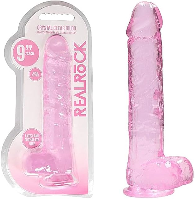 ASK GRANDPA GOURMET COFFEES RealRock Crystal Clear Realistic 9 in. Dildo with Balls and Suction Cup Pink, One-Size