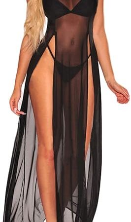 Women High Split Sleeveless Long Maxi Dresses Deep V Neck Sexy Lingerie Dress