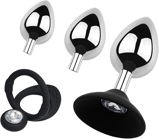 Anal Trainer Set Butt Plug 3 Pcs Metal Anal Plugs with 2 Replaceable Base Different Sizes Anal Sex Toy Suitable for Beginners for Anal Training