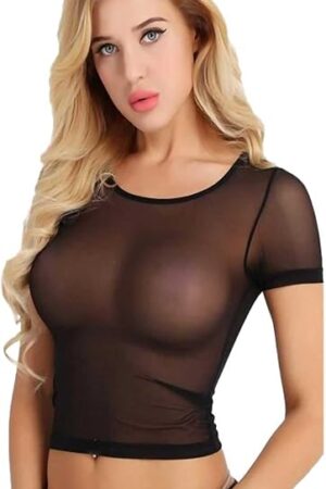 Women's Sexy Mesh Sheer See Through Clubwear Stretchy Slim Shirt Short Sleeve Blouse Crewneck Tops Lingeries Black, Onesize 2-8