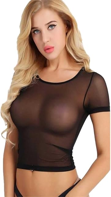 Women's Sexy Mesh Sheer See Through Clubwear Stretchy Slim Shirt Short Sleeve Blouse Crewneck Tops Lingeries Black, Onesize 2-8