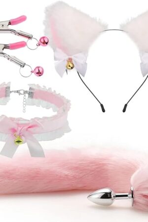 Generic Anal Plug Sex Toys Anal Plug Foxtail Bow Metal Butt Anal Plug Cute Soft Cat Ears Headbands Erotic Cosplay Couples Accessories Adult Sex Games, Pink(4pcs)