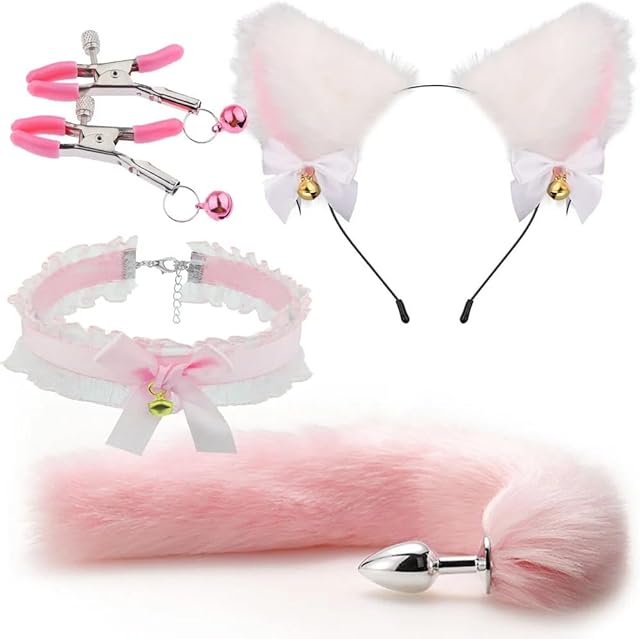 Generic Anal Plug Sex Toys Anal Plug Foxtail Bow Metal Butt Anal Plug Cute Soft Cat Ears Headbands Erotic Cosplay Couples Accessories Adult Sex Games, Pink(4pcs)