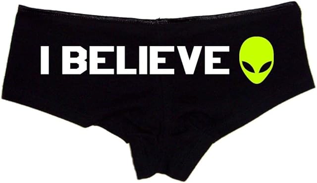 I Believe Alien Panties Black Cotton Boyshorts for Women, Funny Space Lingerie Gift S-3X, Flirty UFO Style