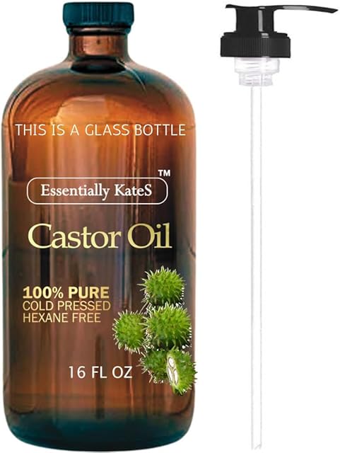 Castor Oil 16 Fl Oz (Glass Bottle) - Original - A Huge Glass Bottle with a Pump - 100% Pure and Natural, Cold Pressed, and Hexane-Free - Hair and Body