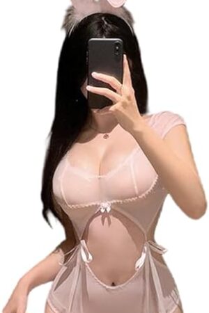 Women's Sexy Bunny Lingerie Anime Cosplay Costume Mesh Two Piece Top and Panty Set