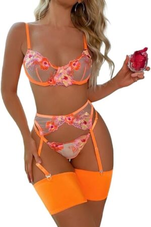 Women's Sexy 4 Pieces Floral Embroidered Lingerie Set with Underwire, G-String, Garter Belt