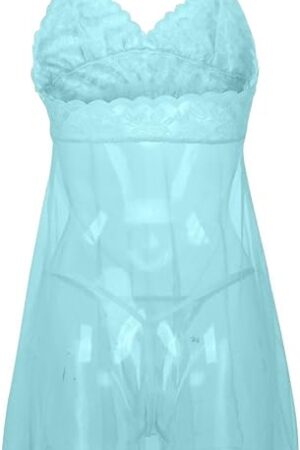 Womens Underwear 2 Piece Lingerie Sexy Lace Bodysuit Hanging Neck Cute Sheer Babydoll Nightgown Lace Dress Gown M-5XL