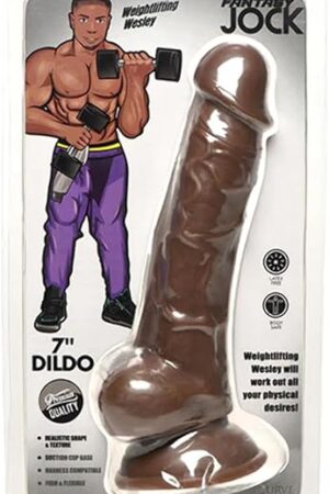 Jock Fantasy Weightlifting Wesley 7" Dildo w/Balls for Men, Women, & Couples. Realistic Shape and Texture, Strong Suction Base, Harness Compatible Dildo. Latex-Free PVC. 1 Piece, Dark.