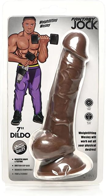 Jock Fantasy Weightlifting Wesley 7" Dildo w/Balls for Men, Women, & Couples. Realistic Shape and Texture, Strong Suction Base, Harness Compatible Dildo. Latex-Free PVC. 1 Piece, Dark.