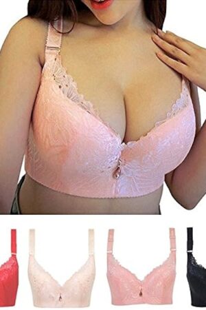 WYHUI Plus Size 32B-46D Women Sexy Lace Push Up Bras Gathering Bra Red 46B