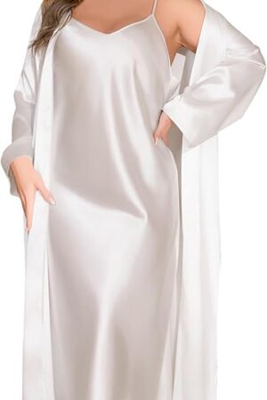 Women's Silk Robe Set 2 Pieces Pajamas Sets Sexy Soft Satin Robe Spaghetti Strap V Neck Camisole Lingerie Nightgown