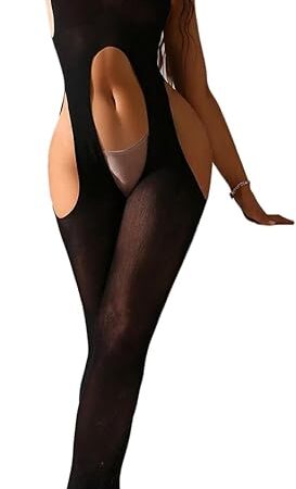Women Sexy Bodystocking Suspenders Sheer Lingerie Garter Cutout Bodysuit Scoop Neck One Piece Jumpsuit Attached Stockings Fishnet Outfit Body-stocking Hollow-Out Tights Body Suits