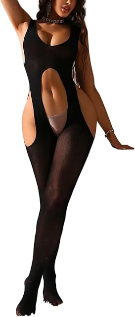 Women Sexy Bodystocking Suspenders Sheer Lingerie Garter Cutout Bodysuit Scoop Neck One Piece Jumpsuit Attached Stockings Fishnet Outfit Body-stocking Hollow-Out Tights Body Suits