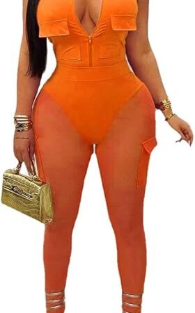 Women's Sexy 2 Piece Bodycon Outfits Cargo Jumpsuits Deep V Mesh Rompers
