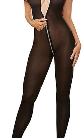 Womens Sheer Mesh Bodystocking Bodysuit Lingerie Sexy Zip Up Deep V Neck See Through Teddy Onesie Babydoll Clubwear