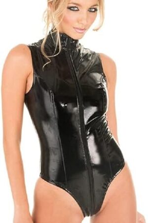 Women Sexy Shiny Leather Leotard, Glossy, Plus Size, Double Zipper Open Crotch