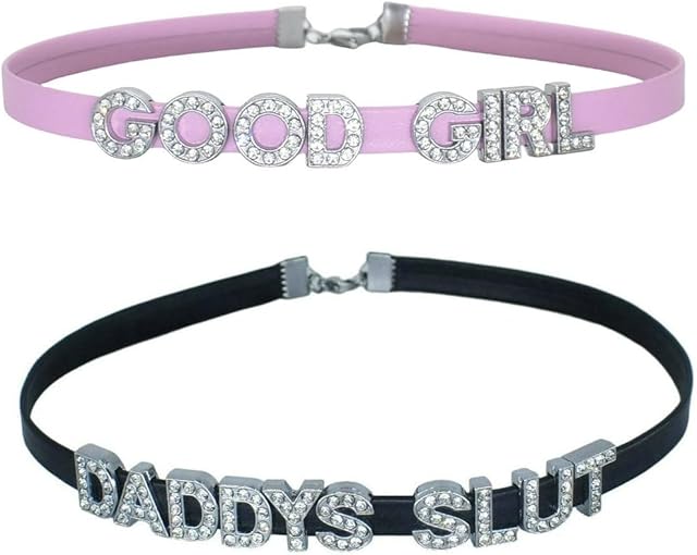 2PCS Cute Pink Underwear Choker Necklace for Women, Black Sexy Daddy's Lingerie Collar Necklace for Couple Hotwife, Bedroom CosPlay Game Naughty Fashion Outfits for Honey Princess, PU Punk Goth Choker