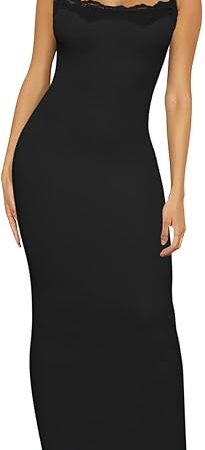 Women's Lace Long Slip Dress Sexy Sleeveless Spaghetti Strap Bodycon Maxi Dresses