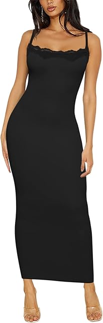 Women's Lace Long Slip Dress Sexy Sleeveless Spaghetti Strap Bodycon Maxi Dresses