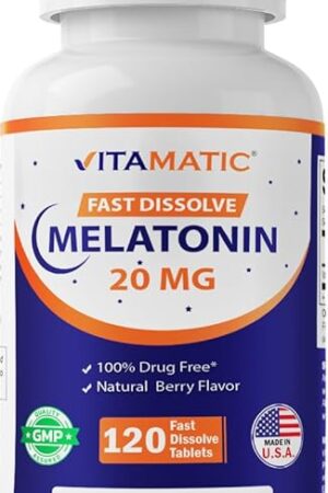 Vitamatic Melatonin 20 mg Tablets | Vegetarian, Non-GMO, Gluten Free | HIGH Potency 20 MG | Natural Berry Flavor 120 Tablets