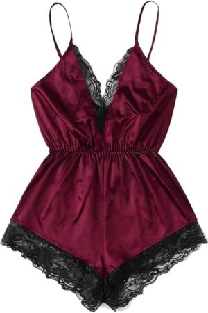 Women Sexy Lingerie Girl V Neck Lace Splice Adjustable Spaghetti Strap Teddy Bodysuit Baby Dolls 1 Piece Sleepwear