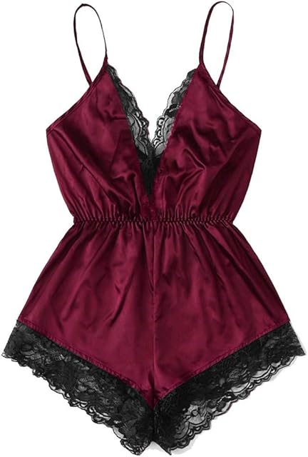 Women Sexy Lingerie Girl V Neck Lace Splice Adjustable Spaghetti Strap Teddy Bodysuit Baby Dolls 1 Piece Sleepwear