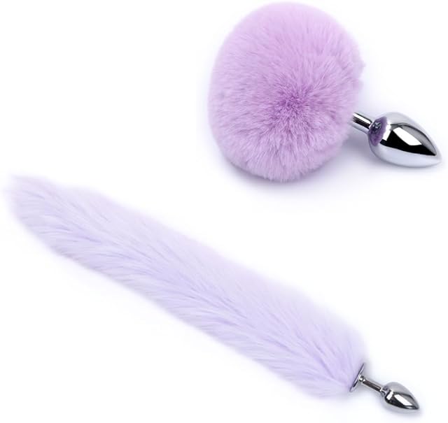 2pcs Multi-Function Fox Tail Fur Bunny Tail Anal Butt Plug Sex Toys for Couples Adults Cospaly Role Play Stainless Steel Plug (Purple)