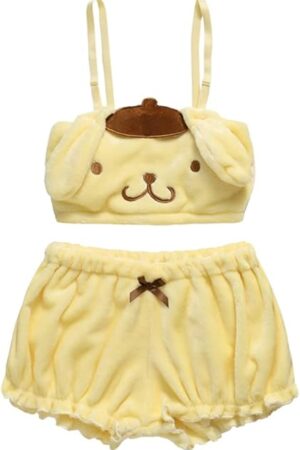 Women' s Fluffy Pajamas, Women Velvet Yellow 2pcs Tube Top and Bloomers Shorts Set Cute Kawaii Anime Ears Embroidery Sleepwear Cartoon Cosplay Pajamas Underwears