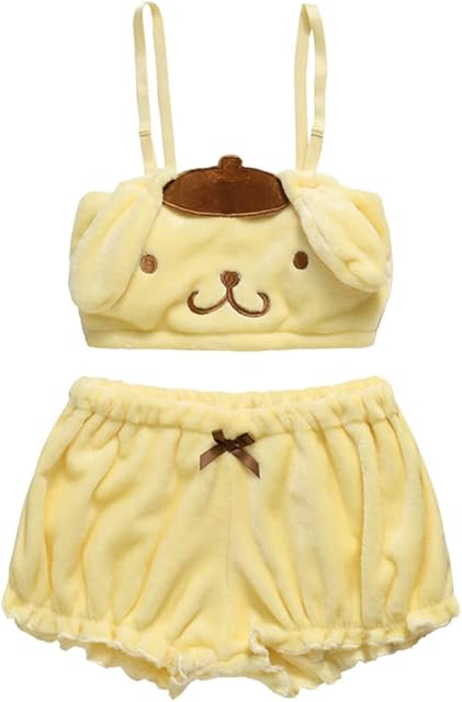 Women' s Fluffy Pajamas, Women Velvet Yellow 2pcs Tube Top and Bloomers Shorts Set Cute Kawaii Anime Ears Embroidery Sleepwear Cartoon Cosplay Pajamas Underwears