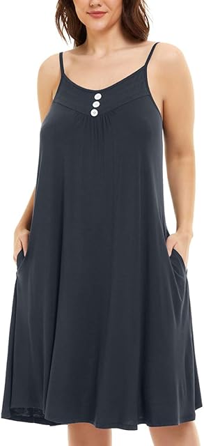 Women's Full Slip Sleeveless Plus Size Sleepwear Night Dress V Neck Button Nightshirts with Pockets