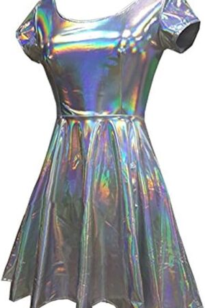 Holographic High Waisted Flare Skater Dress Silver