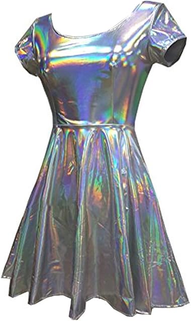 Holographic High Waisted Flare Skater Dress Silver