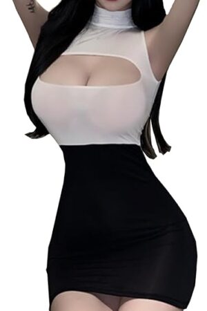 Womens Sexy Secretary Outfit For Women Sheer Cut Out Kawaii Cosplay Lingerie Set Maid Outfit Teacher Uniform Mini Dress White