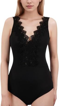 Women's Sleeveless V-Neck Bodysuit with Patchwork Lace, Sexy Thong Bodysuit Fit Womenswear Comfort Shapewear