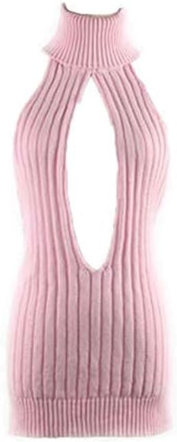Japan Style Women's Turtleneck Pullover Deep V-Neck Sleeveless Knitted Hi Low Anime Sweater Vest Top